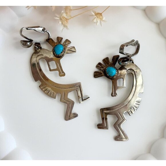 Vintage Jewelry - Kokopelli Sleeping Beauty Turquoise Sterling Silver Mexican Vintage Earrings